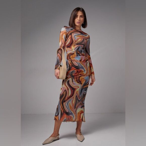 ZARA SET Printed tulle โSet Top And Skirt Organge Beige Brown Combiation - Picture 5 of 16